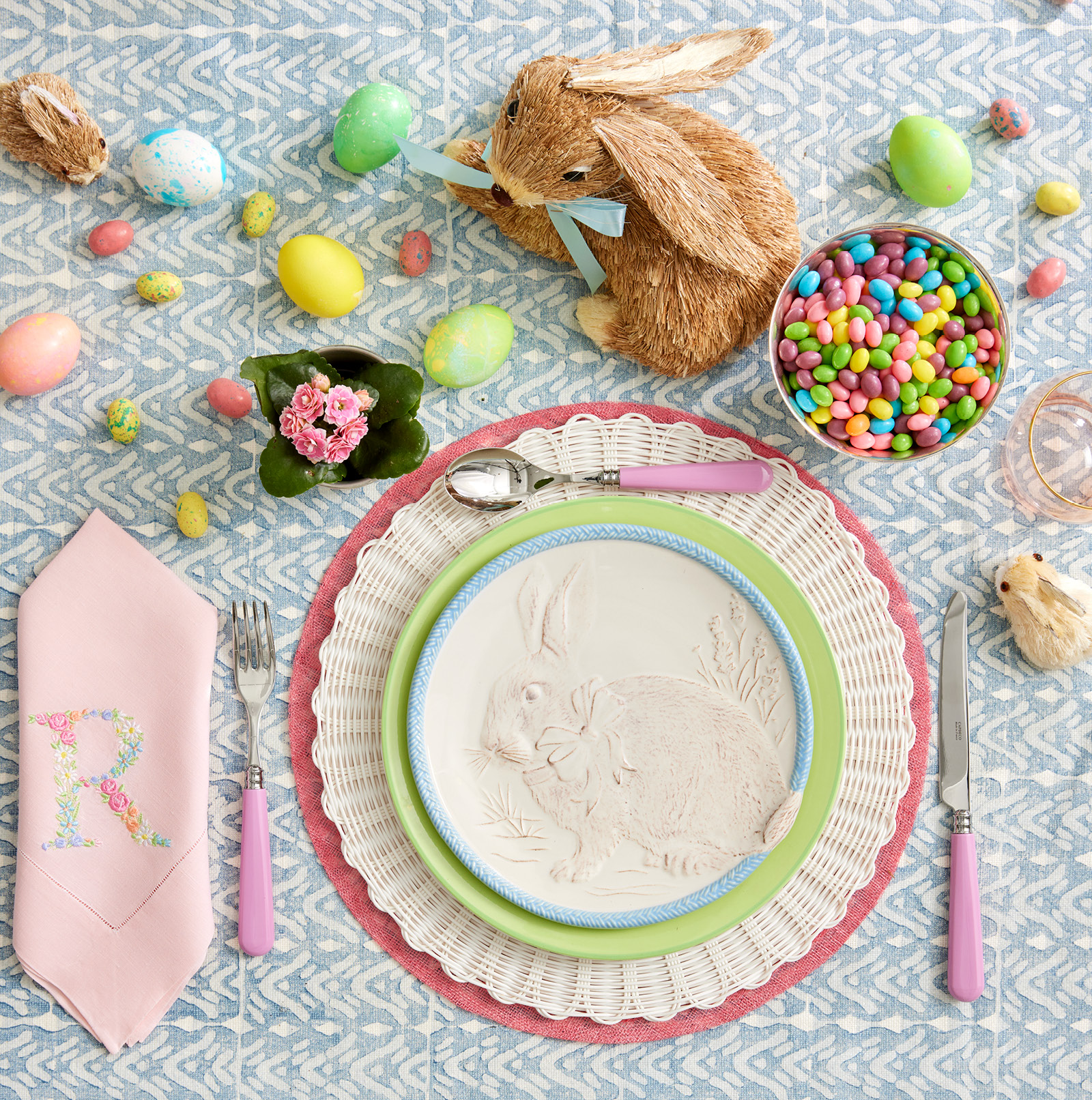 Cloth Placemats Easter Egg Pastel Pink Blue Green Spring Eggs Bunny Set of 2 